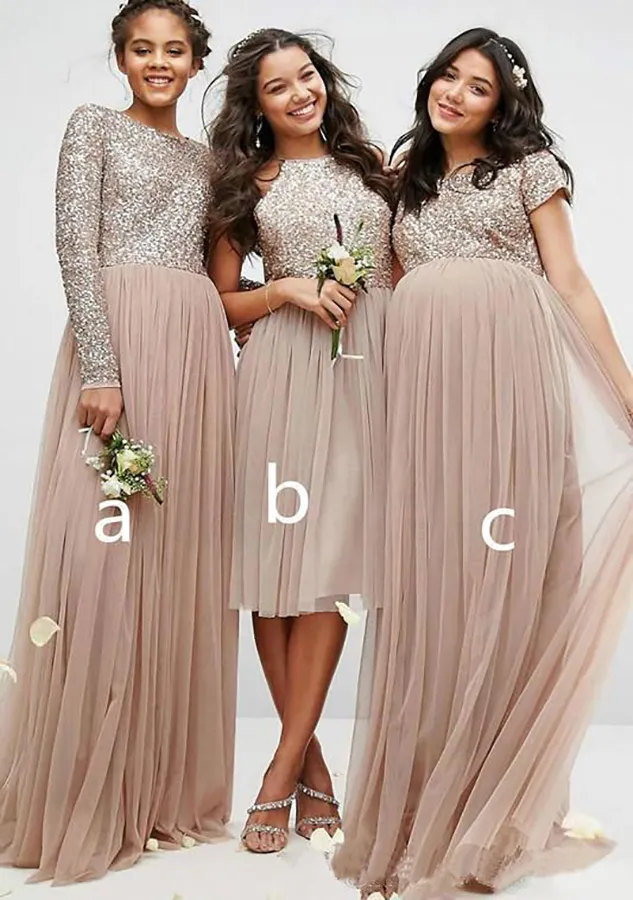 Designer Mismatched Champagne Sequins Bridesmaid Dresses Long Sleeve Tulle Cheap Plus Size Country Pleated Formal Prom Dress For Pregnant