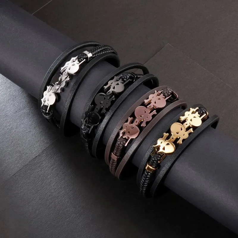 Charmarmband tre lager kohud l￤der armband m￤n piratskalle smycken