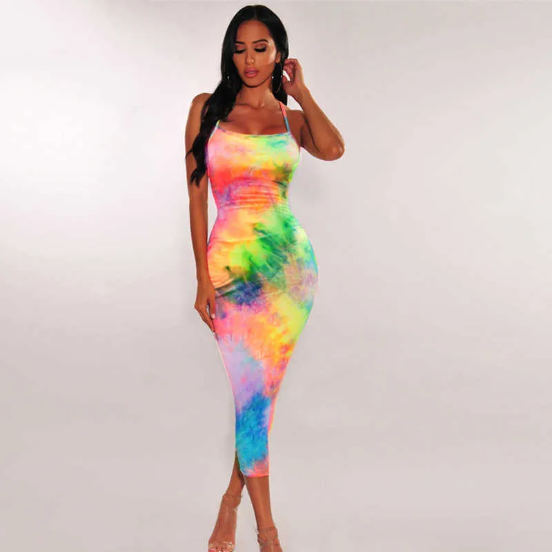 Tie Dye Slip Dos Nu Sexy Été Automne Femmes Mode Taille Haute Slim Fête Élégante Moulante Robe Midi 210527