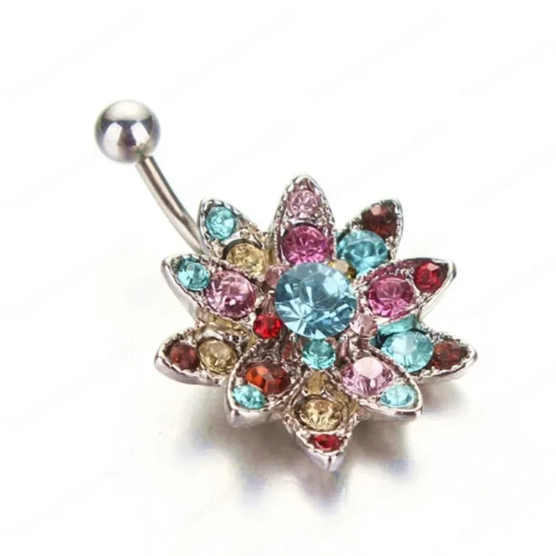 Colorful Flowers Crystal Zircon Fashion High Quality Steel Navel Piercing Belly Button Rings Piercing Body Jewelry