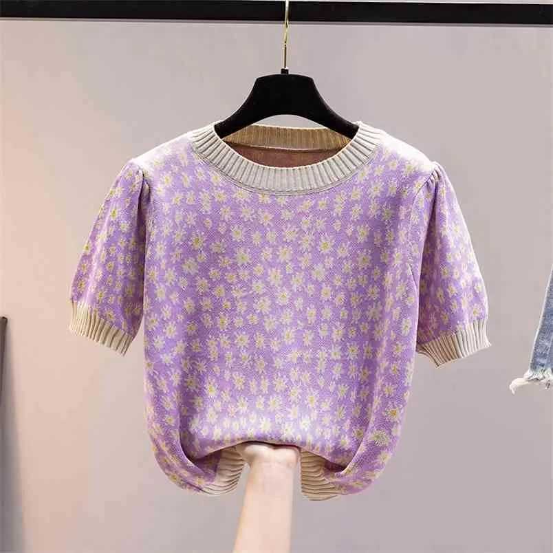 Sommar Casual Tunn Pullover Stickad tröja Kvinnor Blommigryck Loose Pull Femme Koreanska Chic Puff Sleeve Sweet Jumper Sueter Toppar 210514