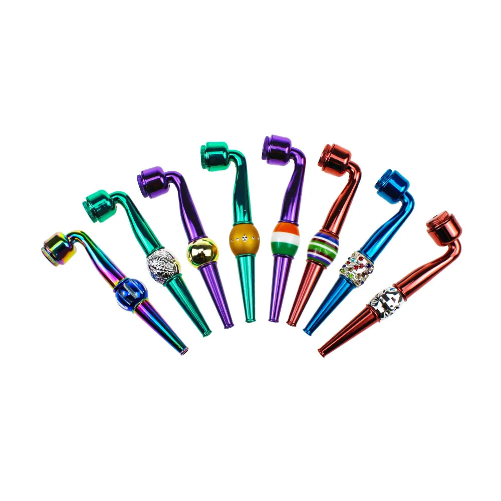 colorful metal tobacco pipe for herb Mix designs Removable Curved Handle Smoking Set With Cover Pipes Herbs Combustion Tool