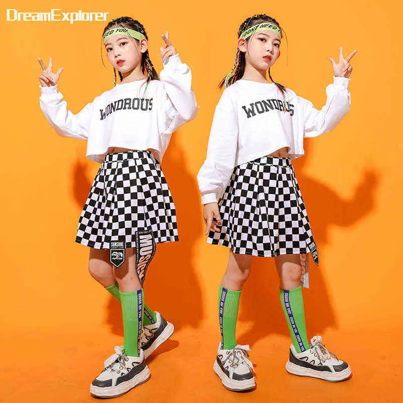 女の子ヒップホップクロップトップキッズストリートダンスチェック柄スカート服セット子供スポーツスウェットダンスダンスウェア衣装ティーンジャズステージコスチュームY220310