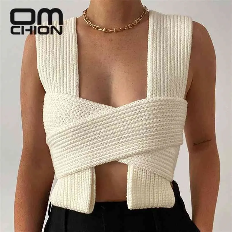 Omchion Pull Spring Summer Bow Cross Rem Stickad Sweater Vest Kvinnor Sexig Crop Top DIY Tie Kläder Ärmlös Jumper LN08 210819