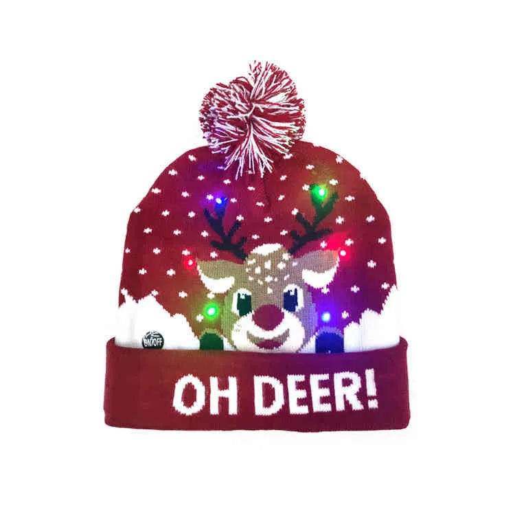 2021 Christmas New Flanged Ball Knitted Hat with LED Colorful Lights Adult Children Halloween Decoration Cap