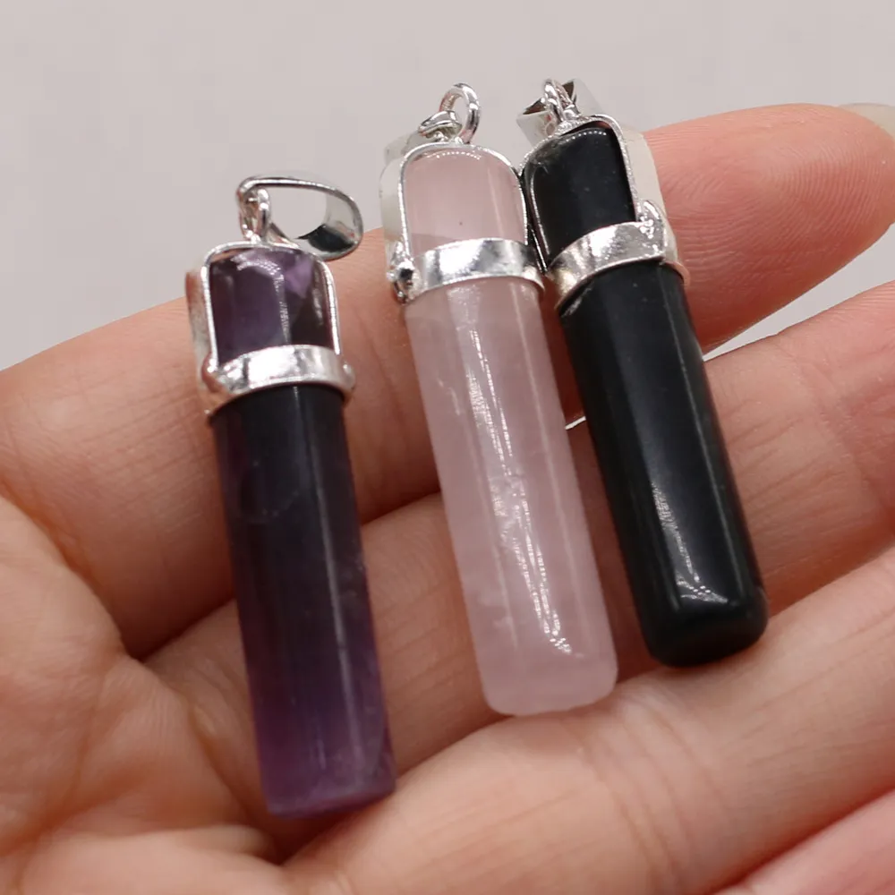 Healing Cylinder Pillar Pink Amethyst black agate Stone Charms Rose Quartz Crystal Pendant DIY Necklace Women Fashion Jewelry Finding 8x40mm