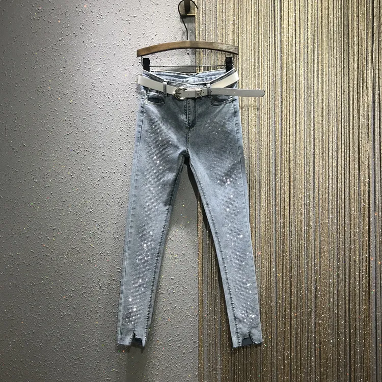 Sommer Herbst Denim Neun-Punkt-Jeans Frauen Diamant Strass Skinny Hosen Mädchen Streetwear Bleistift A3536 210428