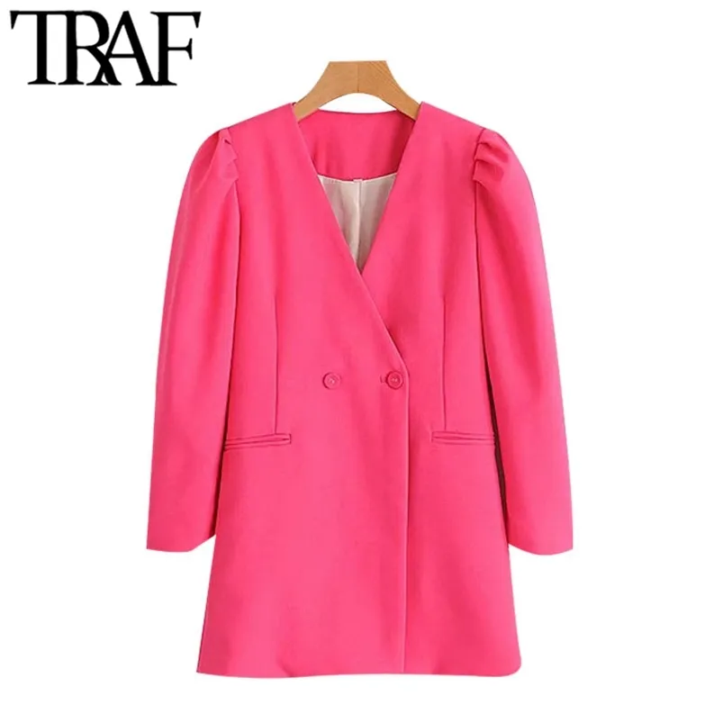 Women Fashion Double Breasted Long Style Blazers Coat Vintage V Neck Puff Sleeve Female Outerwear Chic Tops 210507