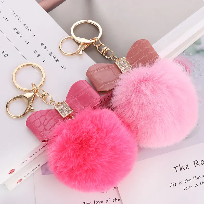 wholesale Fourrure Puff Porte-clés En Peluche Forme De Boule Pom En Cuir Doré Noeud Papillon Porte-clés pour Enfants Femmes