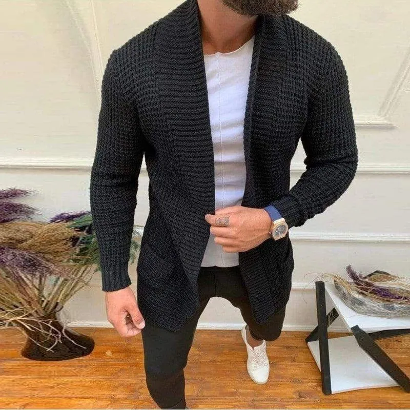 Suéter Masculino Gola Xale Cardigã Suéter Masculino Outono Tricô Casaco Com Bolso Caimento Slim Fit Grosseiro Puxador Homme Malhas Bege