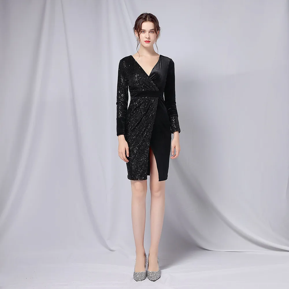 2022 New Knee-Length Velvet Sequin Black Sequin cocktail dress with Long Sleeves and Little Black Silt Closure - Perfect for Evening Parties 2022 New Knee-Length Velvet Sequin Black Sequin cocktail dress with Long Sleeves and Little Black Silt Closure - Perfect for Evening Parties