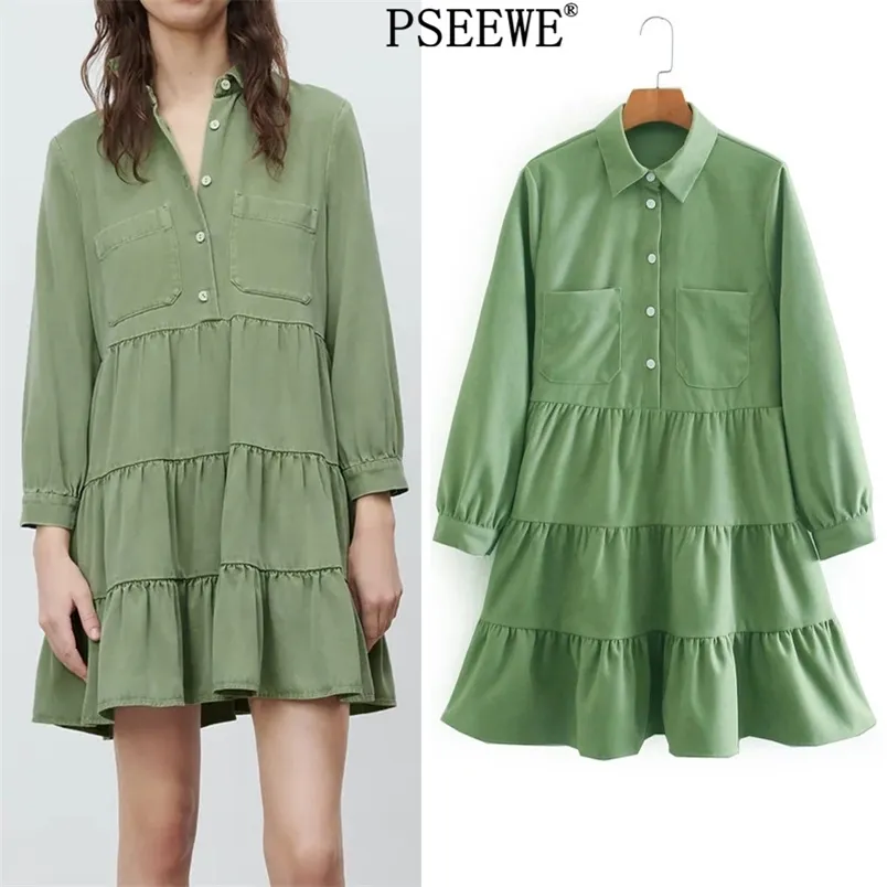 Groene ruche mini-jurk vrouwen lente mode zakken collared lange mouwen vrouw casual korte ES 210519