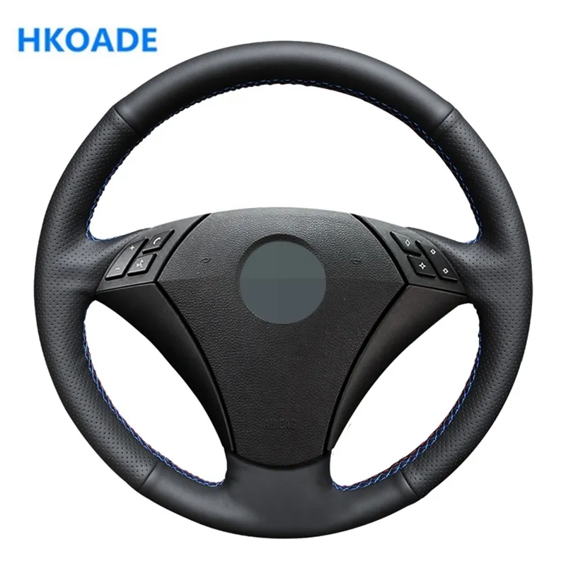 DIY Black PU Artificial Leather Wrap Hand Sewing Car Steering Wheel Cover for E60 (Sedan) 530d 2003-2009 E61 (Touring) 2004-