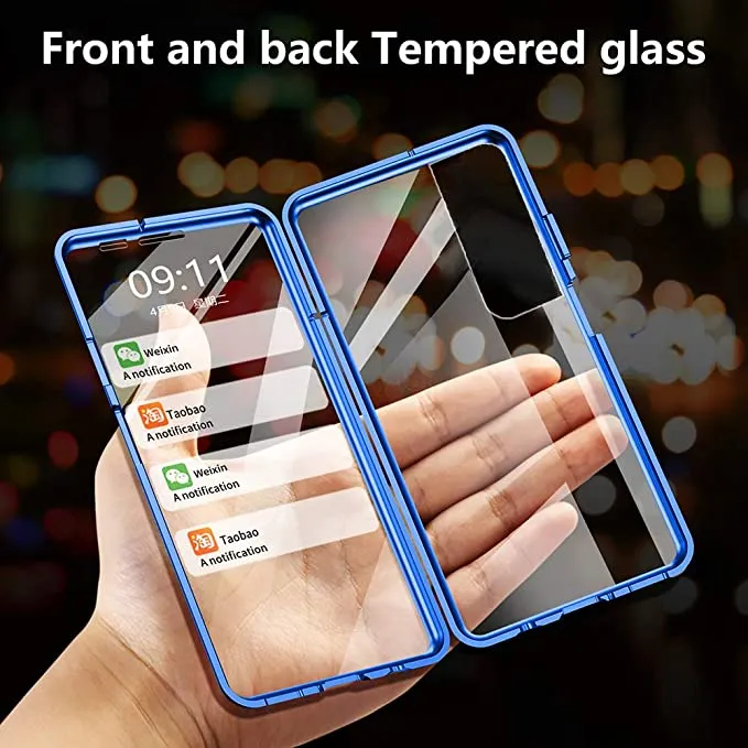 Magnetisk Adsorption Metal Frame Fodral Fram och Back Temperad Glas Fullskärm Täckning för Samsung Galaxy S21 Ultra S21 plus 100pcs / parti