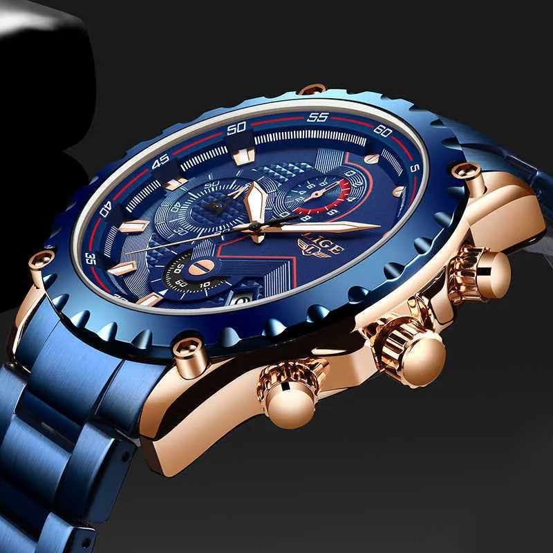 Lige Mode Blauw Rvs Mens Horloges Topmerk Luxe Waterdichte Quartz Horloge  Heren Datum Dial Sport Chronograph 210527