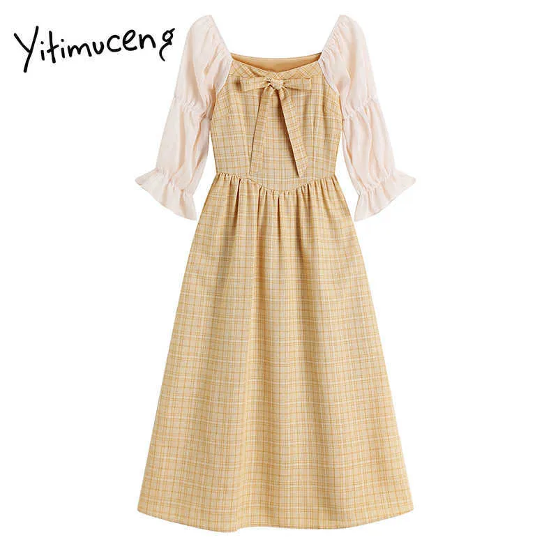 Yitimuceng plaid jurken vrouwen zomer boog lace up hoge taille bladerdeeg mouw a-lijn gele jurk Koreaanse mode sundress 210601