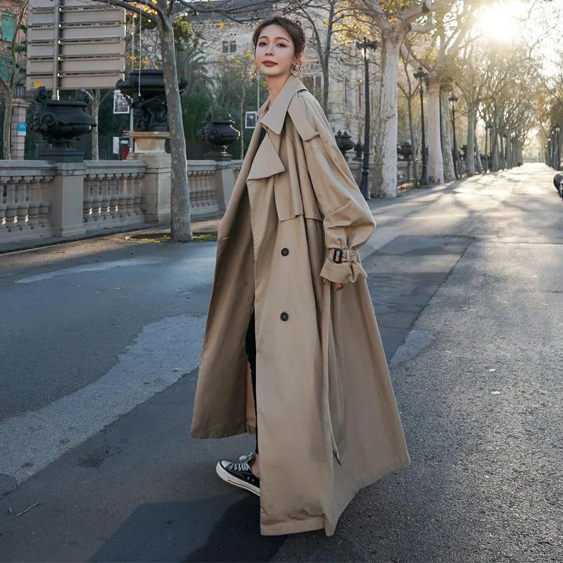 Trench-Coats Femme Lâche Surdimensionné X-Long Manteau Mode Coréenne À Double Boutonnage Ceinture Dame Coupe-Vent Printemps Survêtement Gris