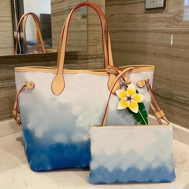 Summer Tote Bag Fashion Handbag Purse Shoulder Bags Wallet Genuine Leather Gradient Color Classic Flower Removable Zipped Pouch Large Capacity Package