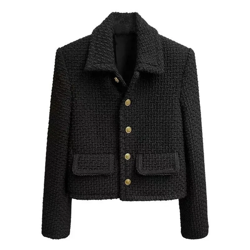 ビンテージ小さな香りクロップドジャケット女性秋韓国のファッションブラックカジュアルTエレガントなシックなシングルブレストアウト211029
