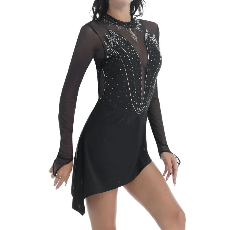 Vêtements de scène adultes strass maille à manches longues robe de danse patinage artistique gymnastique artistique entraînement Performance Ballet justaucorps