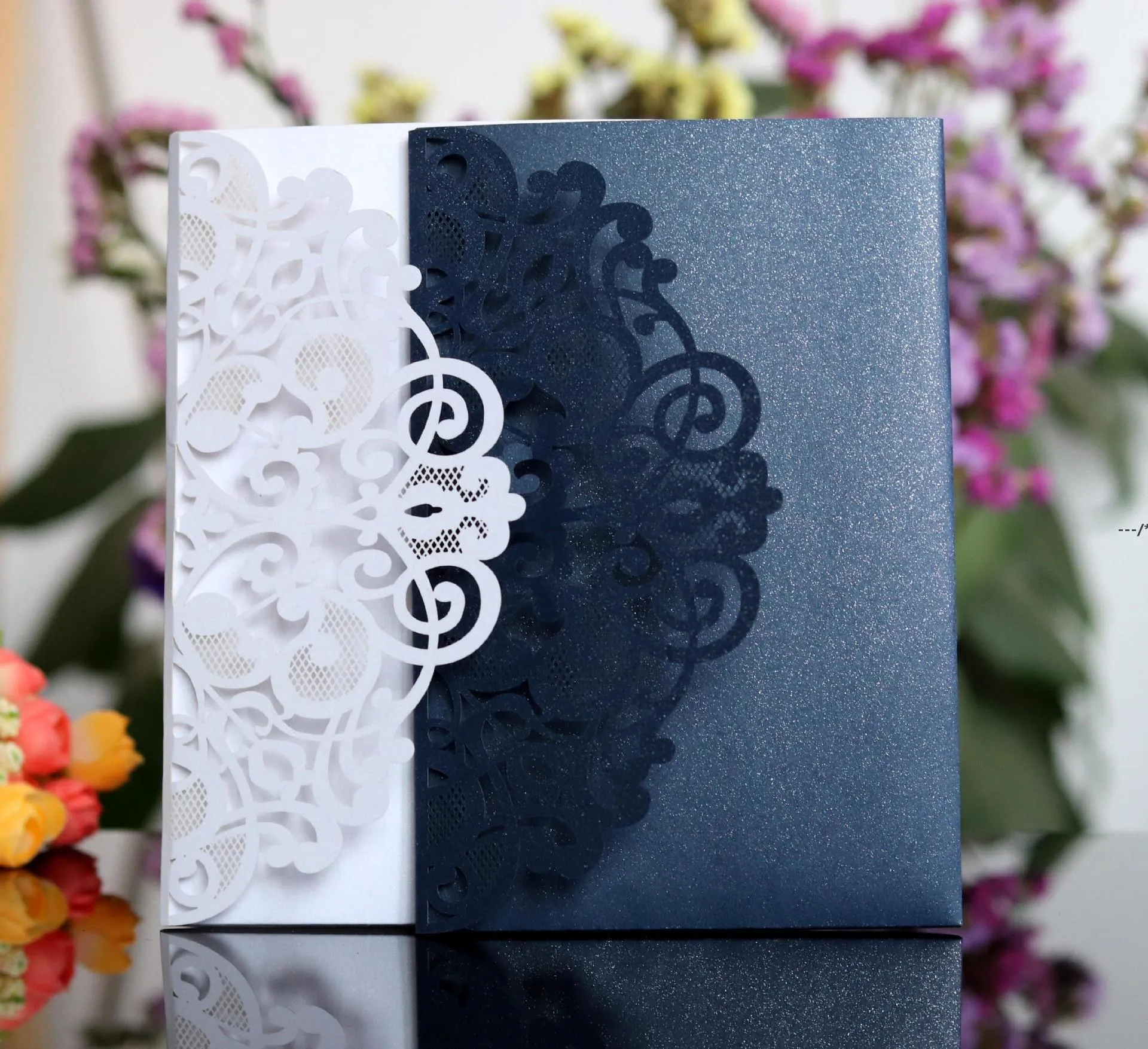 Newlace Wedding Inbjudningskort Kort Full Set Laser Cut Hollow Out Tri-Fold Pocket Cover Greeting Cards Engagement Födelsedag Party SuppliesRrd12