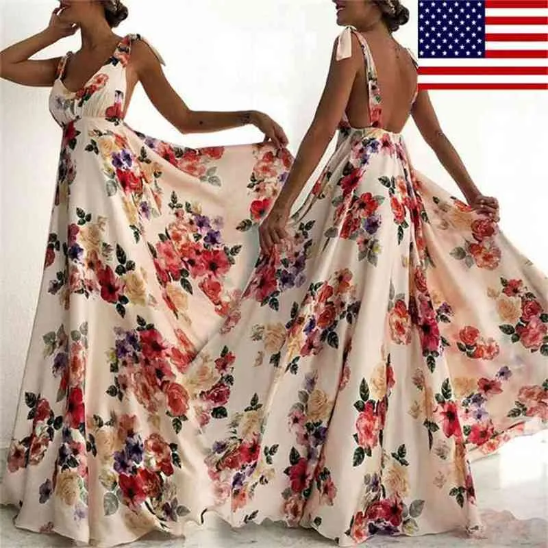 女性のドレスファッション花の印刷の結婚式のロングマキシイブニングパーティのノースリースバックレスサイズS-XLエレガントな女性服210522