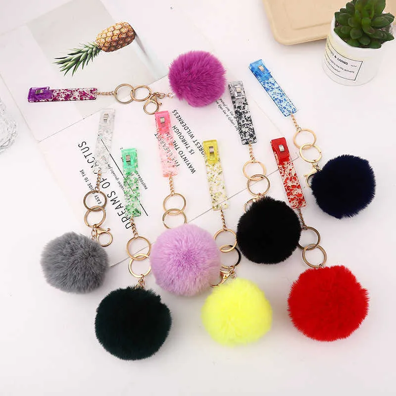 Card Grabber Pompom Keychain Contactless Card Picker For Long Nails Jewelry Keychains Pendant Christmas Gift Acrylic Card Puller G1019