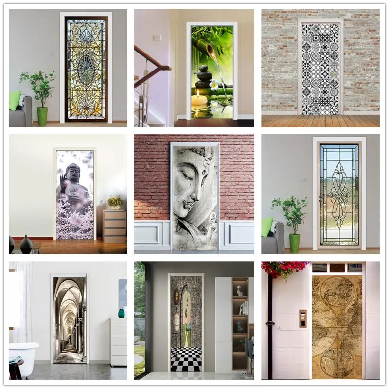 Venster stickers simulatie pvc behang deur kaars diantus kersenbloesem Boeddha standbeeld decor Mural Self Stick Wall