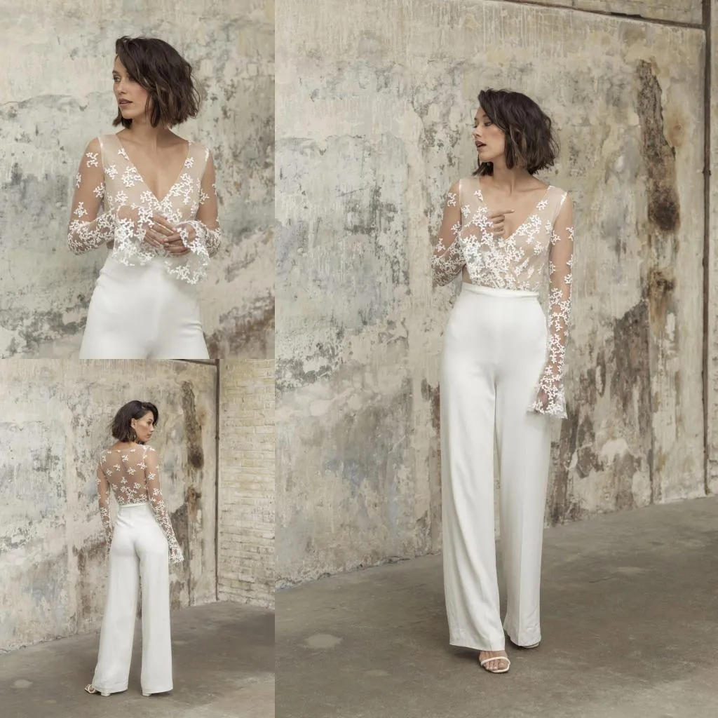 2021 Jumpsuits Bruids Outfit Strand Trouwjurken Enkle Lengte Kant Lange Mouwen Bruiden Receptie Jurken Schede Boho Dames Broek Pak