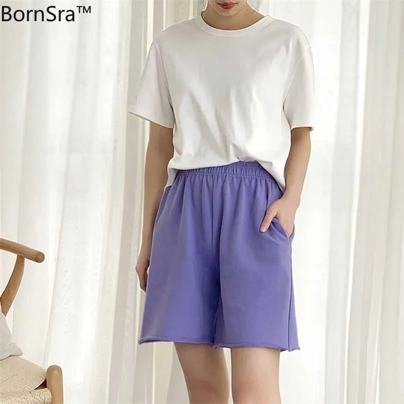 Bornsra 100% хлопок спортивные брюки женские летние с высокой талией Свободные и тонкие повседневные короткие чистые цвета 21115