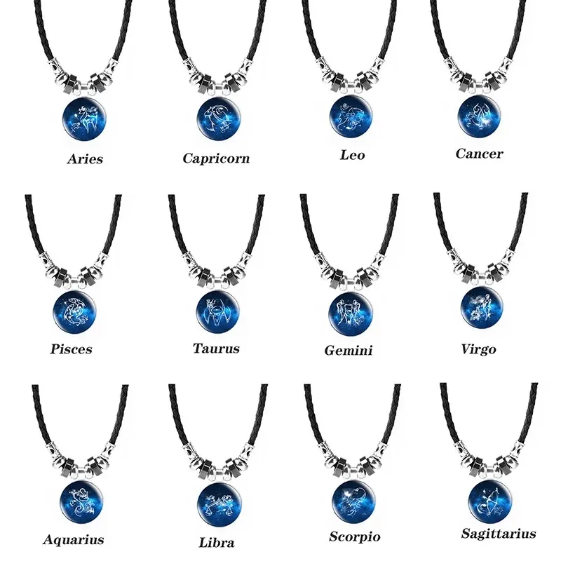 Zodiac Glass Convex Pendant Necklaces Aquarius Pisces Aries Taurus Gemini Necklace Men's Jewelry Pendant Love