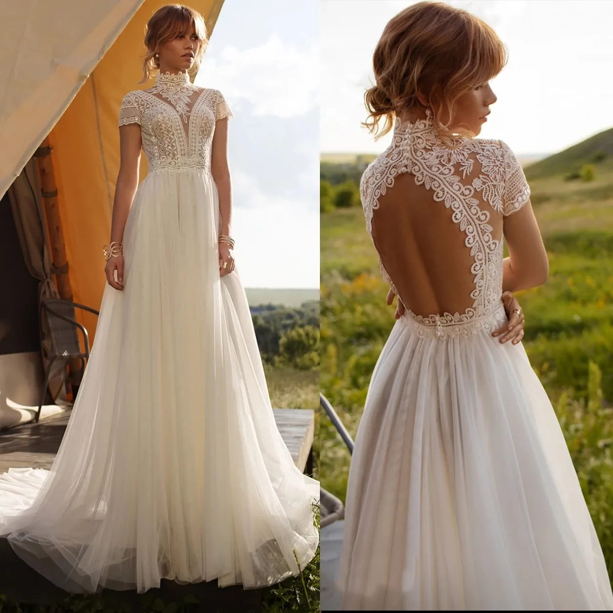 Abito da sposa vintage Boho in pizzo con collo alto e una linea in tulle principessa con spalle scoperte maniche corte abiti da sposa Robe De Mariee