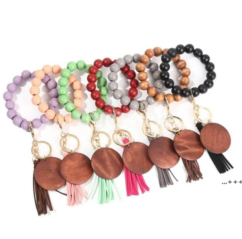 11 colors Wooden Bracelet Keychain with Tassels Keys DIY Wood Fiber Pandent Woodwooden Bead Bangle Key Decorate RRE10829