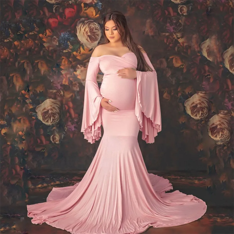 boho maxi dress maternity Momyknows Boho Lace Off Shoulder Lace Tassel Crop 2-in-1 Side Slit Ruffle Photoshoot Maternity Maxi Dress Apricot / XL main image 0