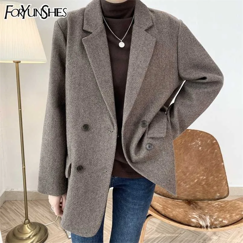 Foryunshes Women Stripe Woolen Blazer Damer Varm Tjock Solid Casual Loose Business Jacket Coat Höst Vinter England Stil 211104