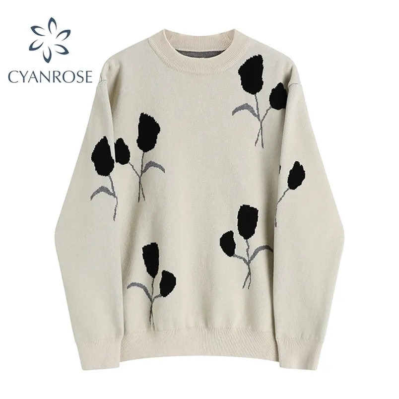 Vintage Knitted Sweater Women Long Sleeve Floral Pattern O Neck Pullover Oversize Fashion Casual Elegant Knit Tops 210515