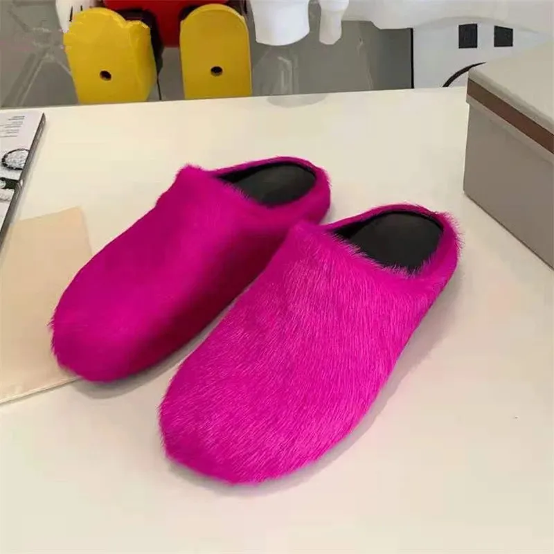 Luxury Fur Slippers Women Round Toe Horse Hair Slides Female Black Rose Red Green Mules Shoes Flat Half Slipper Woman