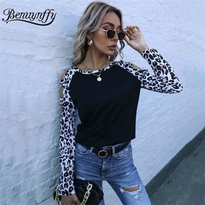 O-Neck Leopard Drukuj Kolor Blok Koszulka Damska Wiosna Moda Wytnij Koszulki z długim rękawem Topy dla kobiet 210510