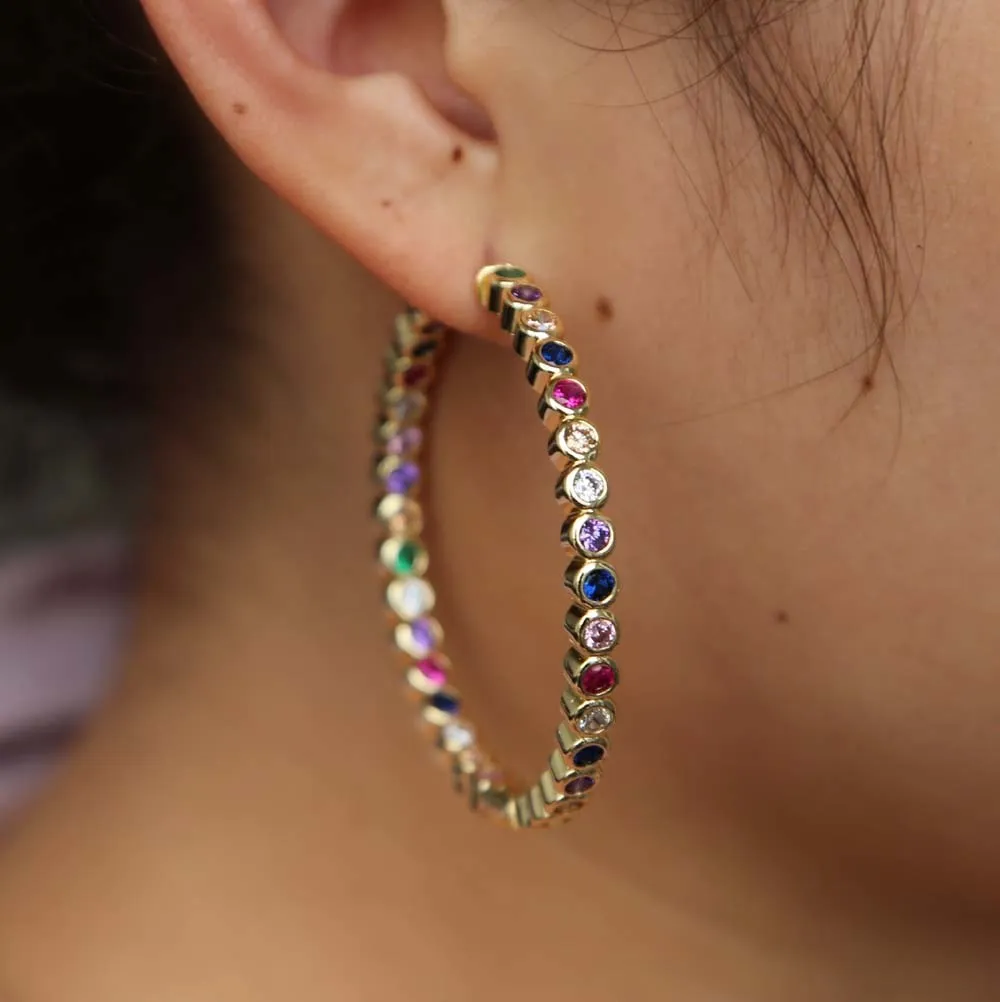 Boho Big Hoop Earring Guld Färg Bezel Setting Rainbow Färgglada Cubic Zirconia European Women Lady Gorgeous Smycken