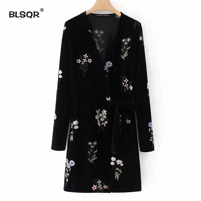 BlsQR Vintage Floral Haft Velvet Kobiety Dress Moda Czarny Z Długim Rękawem Casual Chic Mini Sukienki Vestidos Mujer 210430