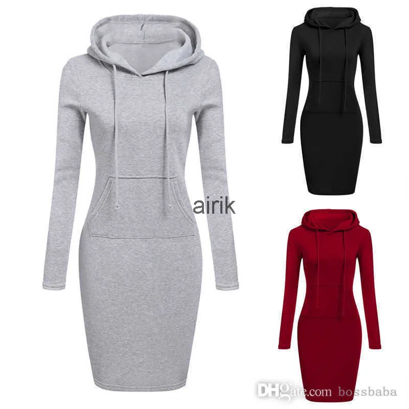 Otoño Invierno mujer suéter con capucha vestido Casual manga larga bolsillo ceñido al cuerpo lápiz Sudadera con capucha jersey hasta la rodilla sudadera ropa de talla grande