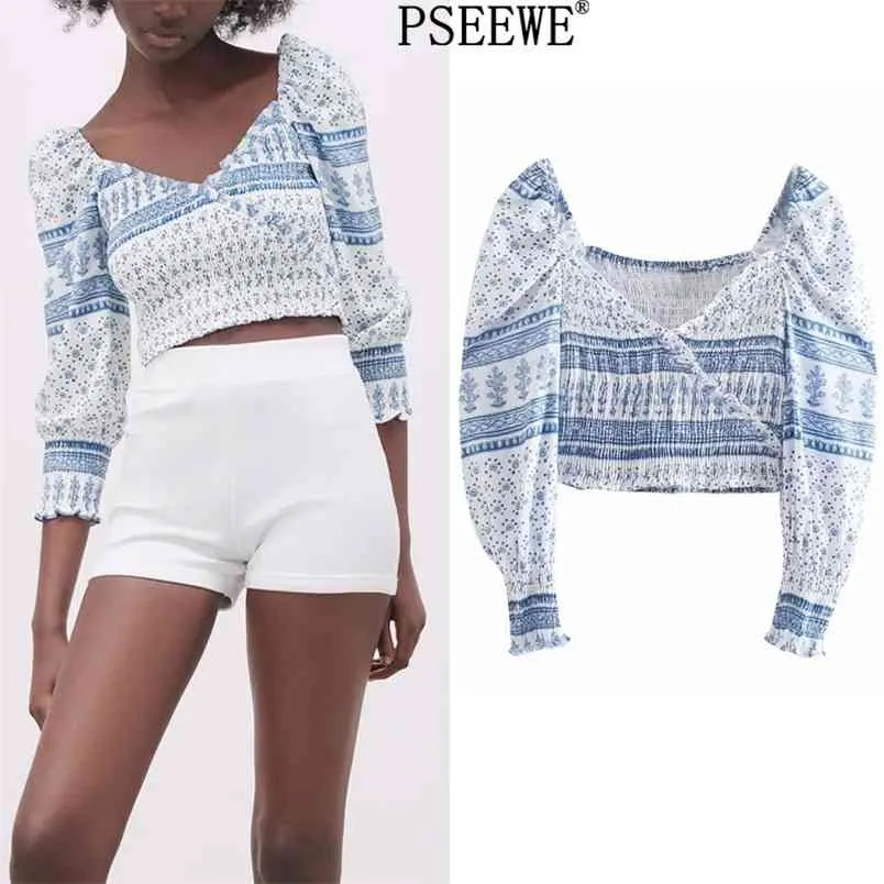 Femmes Blouse Bleu Imprimé Crop Top Femme Mode Élastique Col En V À Volants Mince Bouffée À Manches Longues D'été Blouses 210519