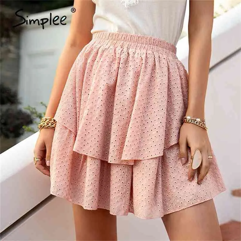 Pink Cotton High Waist Mini Skirt Casual Ruffled A-line Women Short Solid Summer Rmbroidered Female 210619