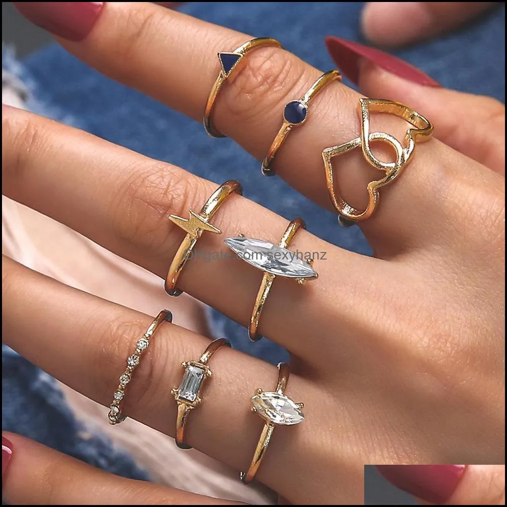 S2369 Bohemian Fashion Jewelry Knuckle Ring Set Hollow Out Geometric Hearts Inlaid Diamond Rhinstone Stacking Rings 8pcs/Set