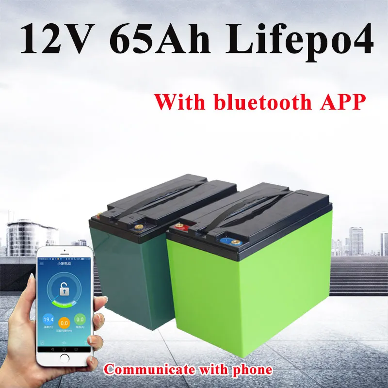 Портативный LifePO4 12V 65AH литиевая аккумуляторная батарея Bluetooth BMS для Golf Cart Camping Cover Country + 10A зарядное устройство