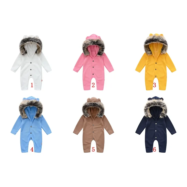 Baby Hooded Rompers Fur Collar Jumpsuits Plain Bodysuits Långärmad Babies Jumpsuit Kläder M3853