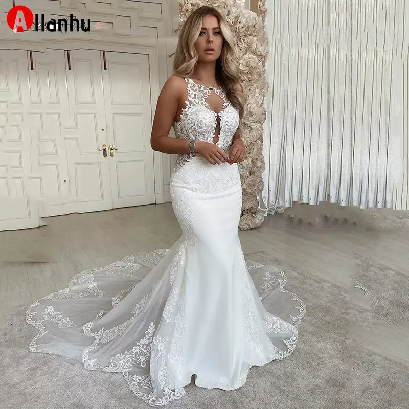 YENİ! Plaj Seksi Mermaid Gelinlik Scoop Boyun Dantel Aplikler Bridde Elbise Açık Geri Ülke Gelin Kıyafeti Vestido De Novie DWJ0208