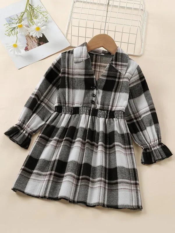 Criança meninas xadrez flounce manga camisa vestido ela