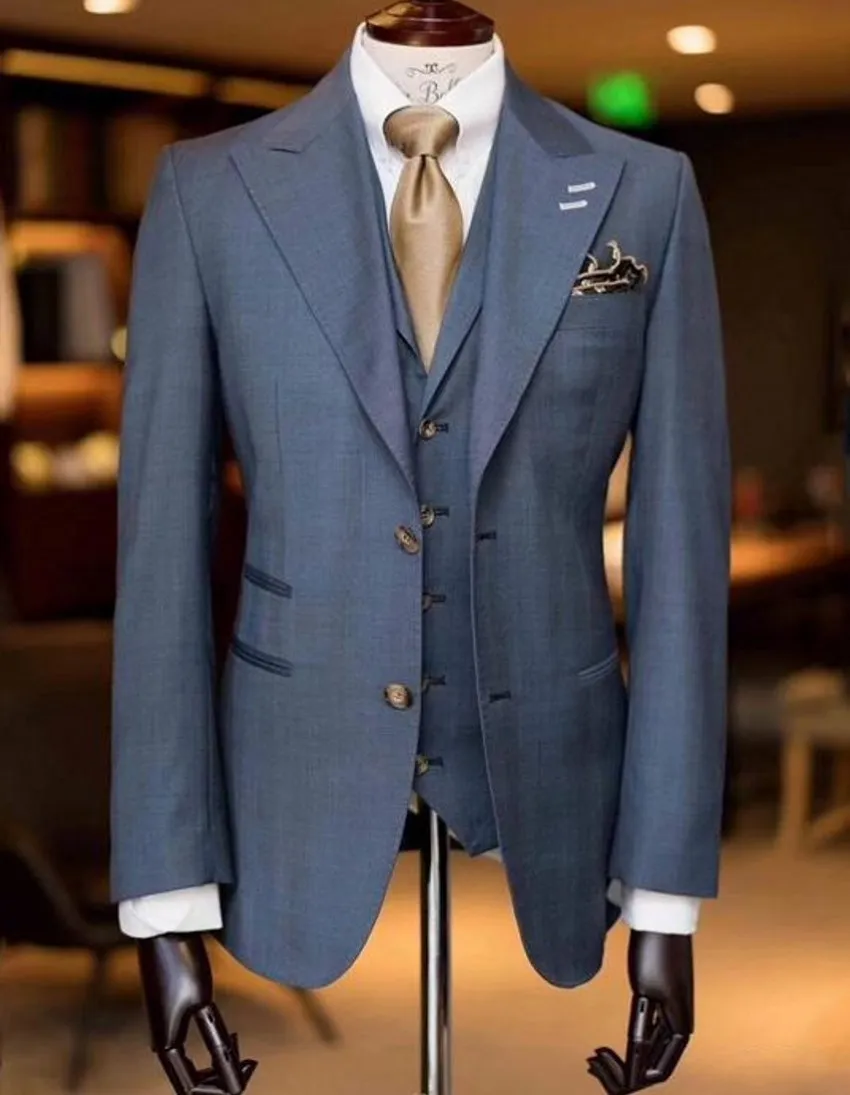 Совершенно новый серый Groom Tuxedos пик отворота тонкий Fitgroomsman Свадьба смокинг мужчин выпускной куртку Blazer высокое качество 3 шт. Костюм (куртка + брюки + галстук + жилет) 2003