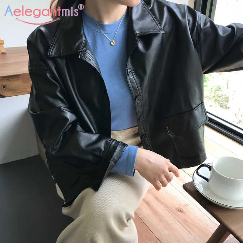 Aelegantmis Koreaanse kunstleer jassen vrouwen lente dunne PU jas vrouwelijke turn down collar Allen match hoge kwaliteit losse overjas 210607